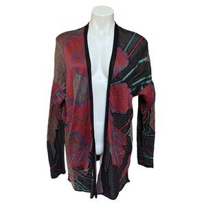 Peruvian Connection 100% Pima Cotton Floral Intarsia Knit Open Cardigan Large